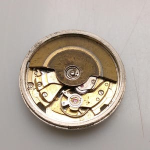 May include: A detailed view of a watch movement, showcasing its complex internal mechanisms. The components are predominantly gold and silver, arranged in a circular pattern. The image highlights the precision engineering of the watch.