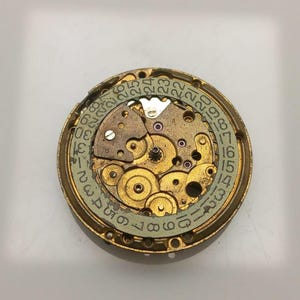 以下が含まれることがあります： 金色の歯車と数字が書かれた薄緑色のリングを備えた時計のムーブメントのクローズアップ。複雑なメカニズムが露出しており、時計の内部コンポーネントが示されています。ムーブメントは円形です。