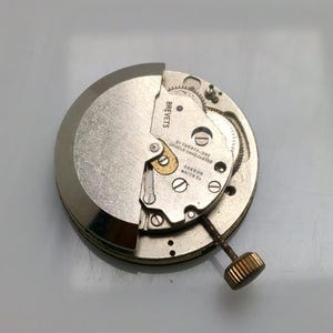 May include: A close-up of a watch movement with the text "BREVETS" and "OBERON WATCH CO." visible. The watch mechanism is silver and gold-toned, with intricate gears and a textured crown. The watch movement is a vintage item.