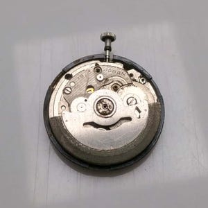 May include: A close-up of a watch movement with visible gears, screws, and a winding stem. The metal components are silver and gold, set within a black circular frame. The text "JAPAN" is visible on the movement.