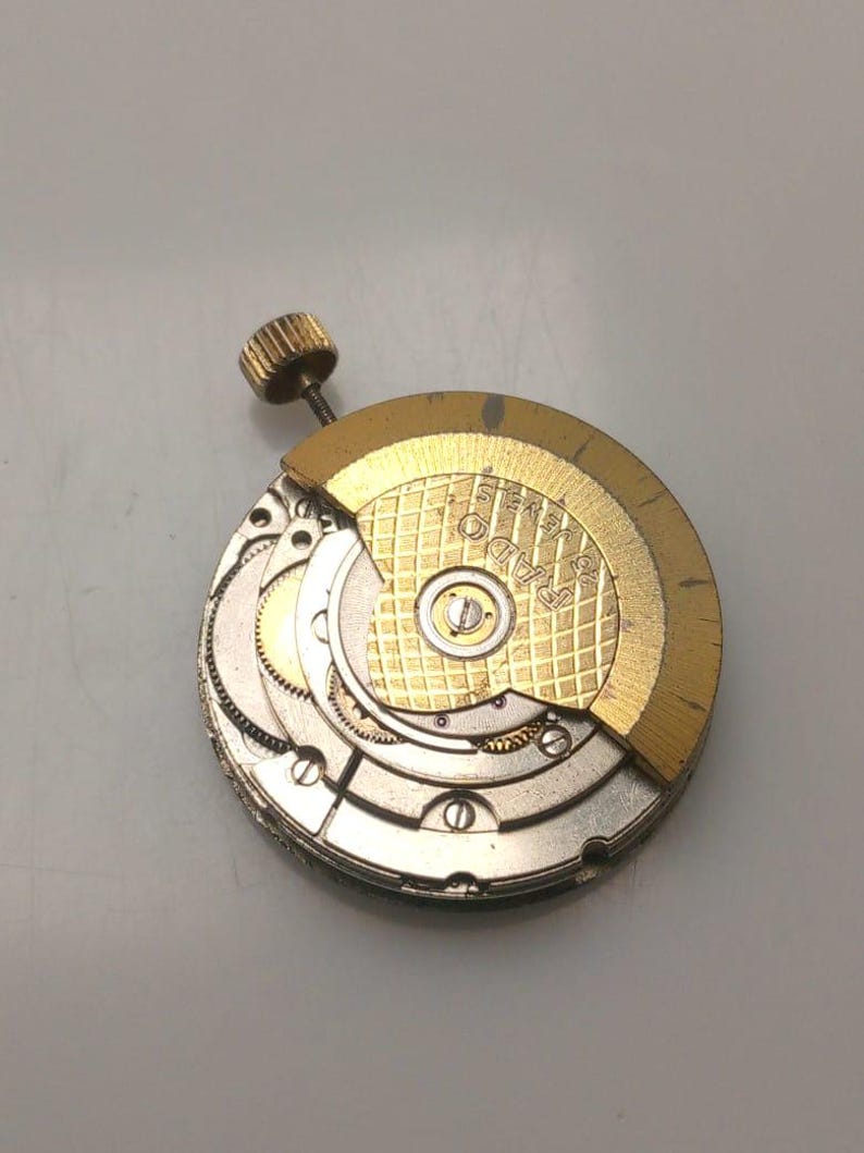 May include: A close-up of a watch movement with gold and silver components. The gold-colored parts have a textured, grid-like pattern. A small, gold-colored screw is visible at the top. The word "RADO" is visible.