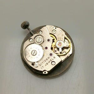 May include: Close-up of a Citizen 17 Jewels watch movement. The silver-toned mechanism features multiple gears, jewels, and a winding stem. The watch movement is circular and has the text "CITIZEN 17 JEWELS" engraved on it.