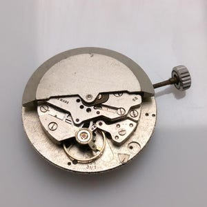 May include: A detailed close-up of a silver watch movement, showcasing intricate gears, screws, and a winding stem. The words "SWISS MADE" are visible. The circular mechanism is highly detailed.
