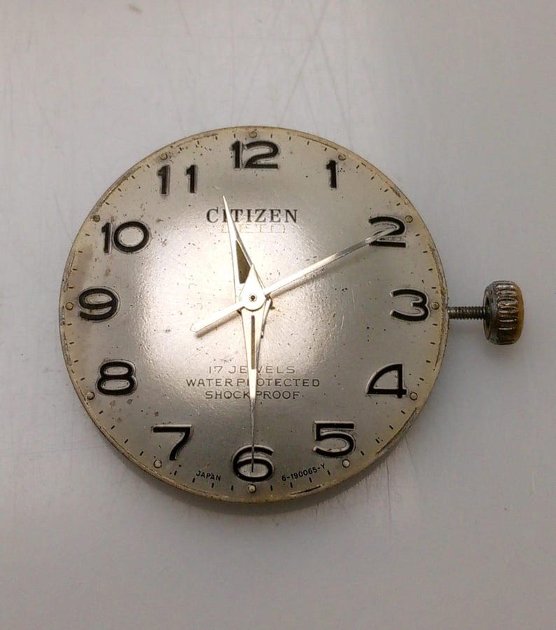May include: A vintage Citizen watch face with a silver dial, black numerals, and silver hands. The watch face includes the text "CITIZEN", "17 JEWELS", "WATER PROTECTED", and "SHOCK PROOF". A winding stem is attached to the side.