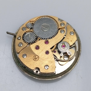 Puede incluir: Primer plano de un movimiento de reloj de color dorado con un engranaje plateado. El movimiento tiene una peque&ntilde;a pegatina redonda blanca con una letra "W" en ella.