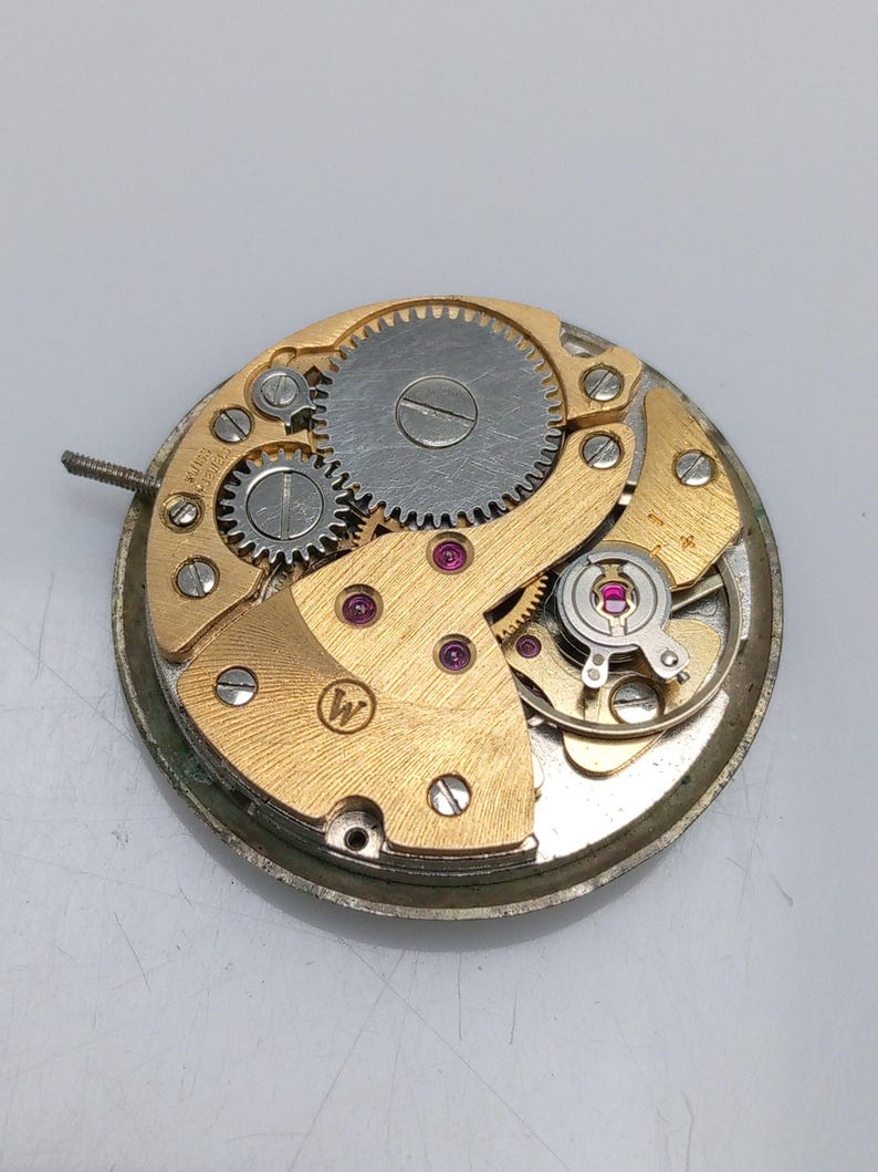 Puede incluir: Primer plano de un movimiento de reloj de color dorado con un engranaje plateado. El movimiento tiene una peque&ntilde;a pegatina redonda blanca con una letra "W" en ella.