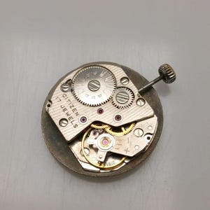 May include: Close-up of a Citizen watch movement with visible gears, jewels, and a winding stem. The silver-toned mechanism features the text "CITIZEN 17 JEWELS". The watch movement is a vintage item.