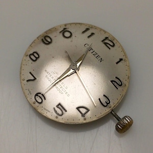 May include: A vintage Citizen watch face with a silver dial and black numerals. The watch face has gold-colored hands and the word "CITIZEN" is printed at the top. The text "17 JEWELS WATER PROTECTED SHOCK PROOF" is also visible.