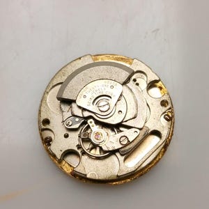 May include: Close-up of a watch movement with intricate gears and components. The movement has a gold-colored outer ring and silver-colored internal parts. The text "Twenty-one Jewels Seiko Time Corp" is visible.