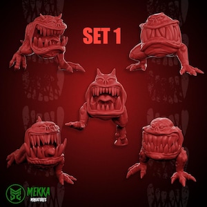 May include: Set of five red, detailed, 3D printed miniature figures of grotesque, toothy creatures with open mouths. The figures are posed in various positions and have a menacing appearance. The text "SET 1" is visible in the image.