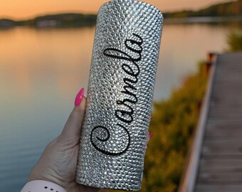 Personalized Rhinestone Tumbler, Bedazzled Stainless Steel Cup with Lid, Straw