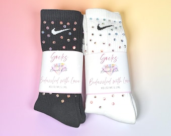 Handmade Crystal Rhinestone Crew Socks, Bedazzled Bling for Cheerleaders, Dancers, Teams