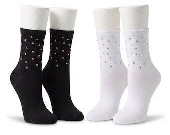 Bedazzled Rhinestone Socks, Iridescent Crystals, Mid-Calf Casual Crew Socks for Women