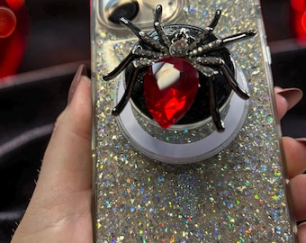 Bedazzled Spider Phone & E-Reader Grip, Rhinestone Halloween Holder, Sparkly Gothic Accessory, Spooky Gift for Her