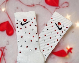 Bedazzled Heart Rhinestone Socks, Red or Pink Rhinestones