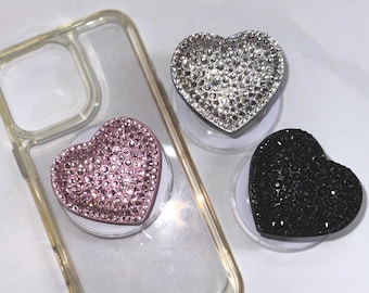 Bedazzled MagSafe Phone Grip, Heart with Flip-Up Mirror | Bling Pop Socket | Kindle Holder