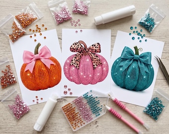 Fall Decor, Pumpkin Pack of 3 DIY Bedazzle Kits, Whimsical Rhinestone Bling Kit