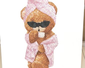 DIY Rhinestone Bear Art Kit, Pink Robe Coffee Canvas, Bedazzle Craft (Ages 5+)
