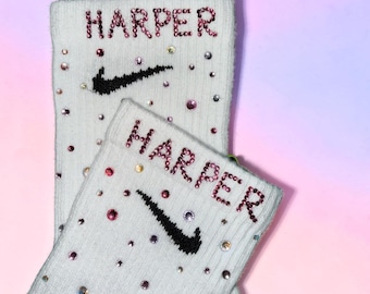 Personalized Rhinestone Name Crew Socks, Bedazzled Bling Socks