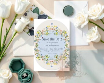 Invito floreale "Save the Date": modello per matrimonio in giardino incantato (modifica PDF Canva)