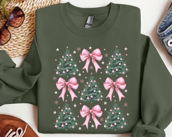 Coquette Bow Christmas Sweatshirt, Christmas Tree Shirt, Christmas Sweatshirt, Girly Christmas Sweater, Coquette Bow Sweater