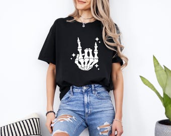 Skeleton Hand T-Shirt, Skeleton Shirt, Horror Gift, Skeleton Rock Tee, Rock and Roll Shirt, Halloween Shirt, Rock On Halloween, Skull Shirt