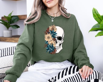 Bloom Skull Sweatshirt, Flower Skull Skeleton Crewneck, Skeleton Blooms, Halloween T-shirt, Floral Skull Hoodie, Women's Fall Sweater