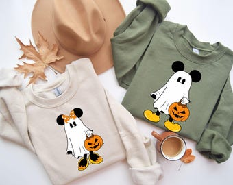 Retro Mickey Minnie Halloween Couple Shirts, Mickey Ghost Sweatshirt, Minnie Ghost Shirt, Spooky Season Shirt, Disney Halloween Hoodie