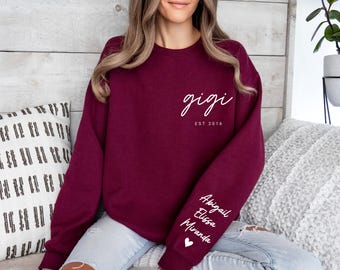 Custom Gigi Sweatshirt with Grandkids Names on Sleeve, Minimalist Gigi Shirt, Est Date Gigi Sweatshirt, Gift for Gigi Hoodie