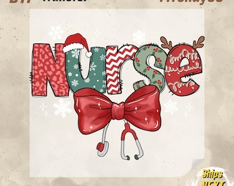 Christmas Nurse Coquette DTF Transfer, Bow Stethoscope Ready to Press, Cute Nurse Christmas Heat Press Design