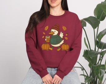 Trendy Cute Fall Duck Sweatshirt, Cozy Autumn Coffee Shirt, Pumpkin Duck Shirt, Preppy Duck Pullover, Trendy Thanksgiving Sweater