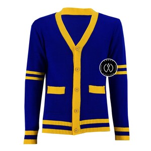 Suéter tejido a mano, ropa de abrigo de invierno, fotos de graduación de secundaria, chaqueta de suéter azul brillante y dorado