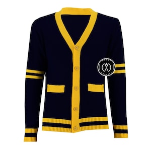 Suéter tejido a mano, prenda de abrigo de invierno, para fotos de graduación de secundaria, chaqueta negra y dorada.