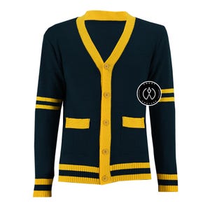 Suéter tejido a mano, prenda de abrigo de invierno, para fotos de graduación de secundaria, chaqueta de suéter verde oscuro y dorado.