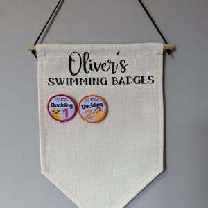 Personalised Swimming Badge Display Banner, Children's Keepsake, Kids Room Wall Hanging No