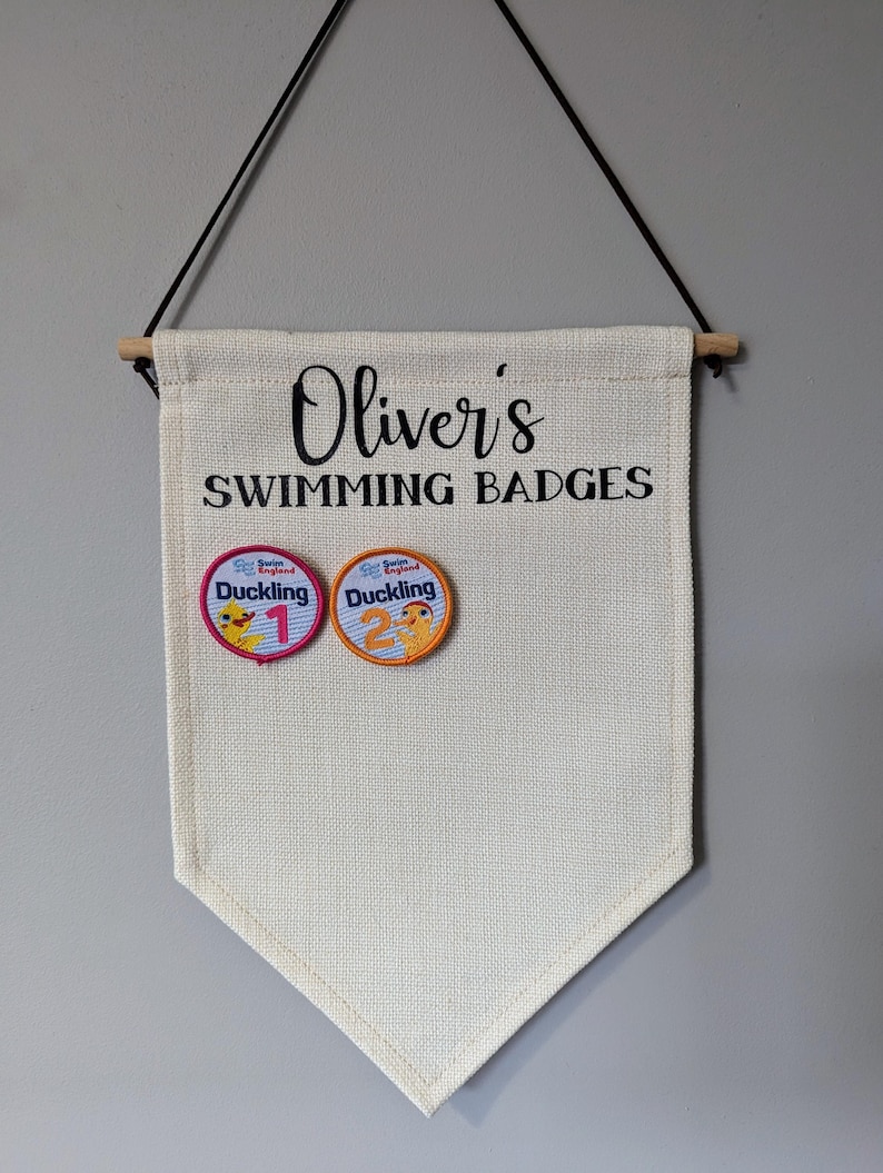 Personalised Swimming Badge Display Banner, Children's Keepsake, Kids Room Wall Hanging No