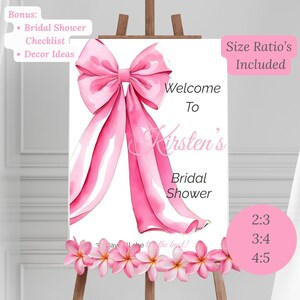 Pink Bow Bridal Welcome Sign  Editable Bachelorette Poster Template  Shes Tying the Knot Decor