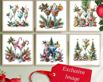 Puede incluir: Conjunto de seis ilustraciones digitales que representan cócteles festivos con decoraciones navideñas. Cada ilustración presenta un cóctel diferente con un diseño y una gama de colores únicos. Las ilustraciones son perfectas para proyectos con temática navideña, como tarjetas de felicitación, invitaciones y publicaciones en redes sociales.