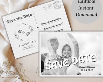 Modèle « Save the Date » inspiré de carte postale vintage, réservez la date modifiable, carte postale photo personnalisée, salutations vintage, mariage vintage