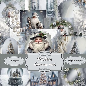 Pagine di diario natalizio moderne grigie cromate, Chrome-mas, 19 pagine ad alta risoluzione, scrapbooking, download digitale, creazione di biglietti, Natale
