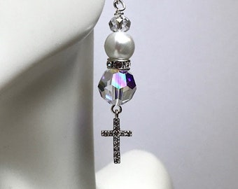 Swarovksi Crystal and Pearl Earrings with Pave Cross