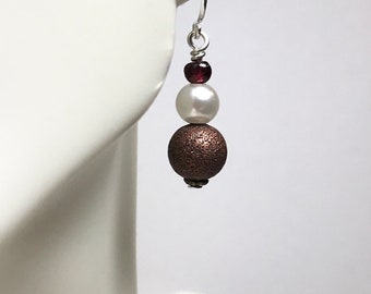 Pearl and Copper Drop Earrings with Garnets