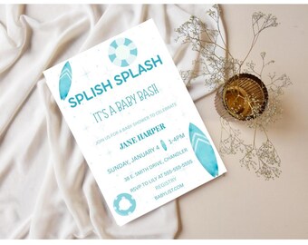 Invitación para baby shower con efecto chapoteo, invitación azul para baby shower, invitación para fiesta en la piscina