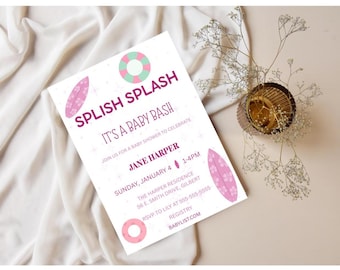 Splish Splash Baby Shower Invitation, Pink Baby Shower Invitation, Pool Party Invitation