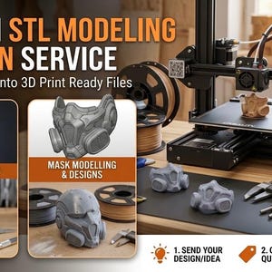 Op de afbeelding: Aangepaste STL-modellerings- en ontwerpservice voor 3D-printklare bestanden. De afbeelding toont een 3D-printer, diverse geprinte karakter- en masker-modellen, een fles hars en een digitale schuifmaat op een werkplek met tekstoverlays.