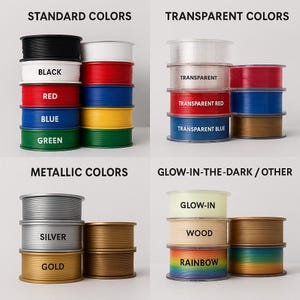 K&ouml;nnte beinhalten: Sortiment an Filamentspulen in verschiedenen Farben, darunter Schwarz, Rot, Blau, Gr&uuml;n, Transparent, Silber, Gold, Leuchtend, Holz und Regenbogen.