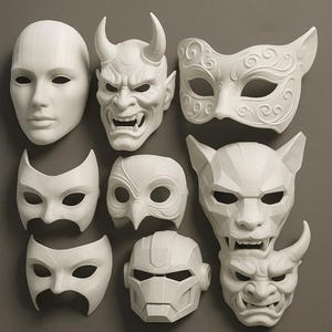 K&ouml;nnte beinhalten: Eine Sammlung von zehn wei&szlig;en Plastikmasken, jede mit einem einzigartigen Design. Die Masken sind alle in verschiedenen Formen und Gr&ouml;&szlig;en und einige haben komplizierte Details. Die Masken sind alle aus glattem, wei&szlig;em Kunststoff.