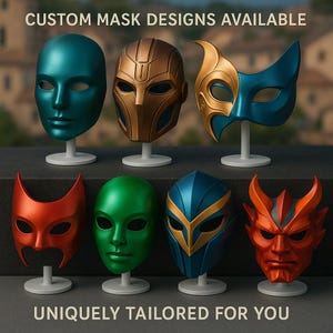 May include: A collection of eight custom mask designs, each displayed on a white stand. The masks are made of various materials and feature unique designs, including a gold mask with a geometric pattern, a blue and gold mask with a wing-like design, a green mask with a simple design, and a red mask with a devilish design. The masks are all uniquely tailored for the wearer.