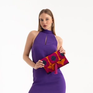 Exclusive Purple & Cinnamon Velvet Silk Clutch, Luxurious Tassel Handbag, Elegant Evening Purse, Unique Wedding Accessory