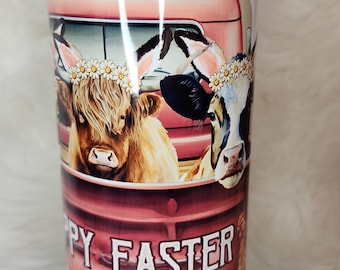Easter 20oz sublimated tumbler. Farm animals in a red truck. Cows, chicken. Say &quot;Happy Easter.&quot;